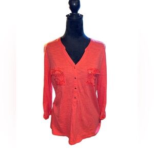 By Chicos coral peach orange pull over sheer top w/lace accents V-neck feminine